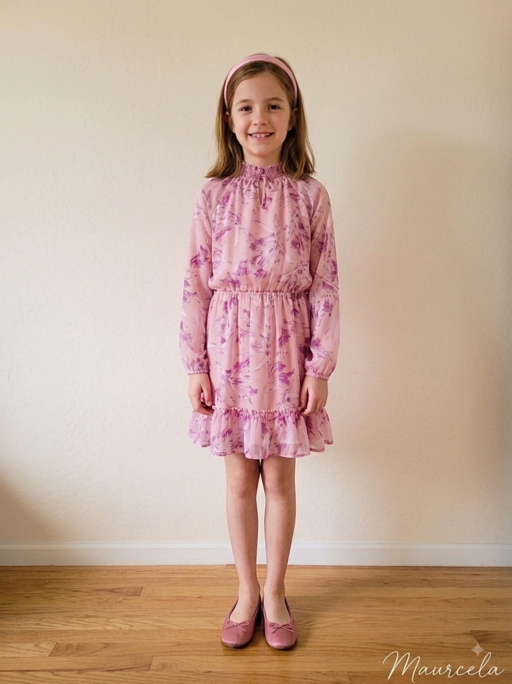 GB Girls Pink Floral High-Neck Smocked Dress